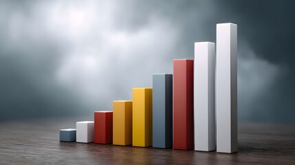 A multi colored bar chart displays upward growth against a dramatic cloudy sky