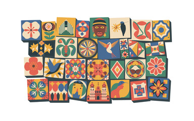 A colorful collection of mosaic tiles with various designs and patterns