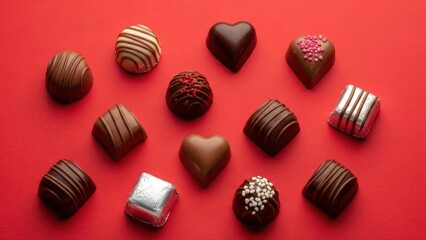Obraz premium Assortment of chocolate candies arranged on a bright red background.