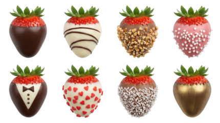 Chocolate covered strawberry set including dark, white, tuxedo, heart, nut, sprinkle, coconut, and gold varieties isolated. Gourmet dessert and romantic gift collection.