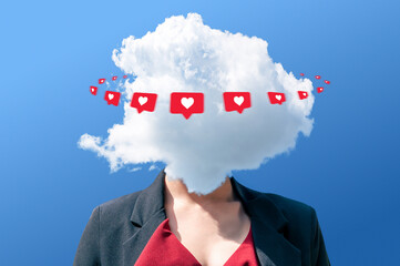 Teenage girl with cloud instead of head. Teenage girl with digital social media icons and heart symbols floating around head.