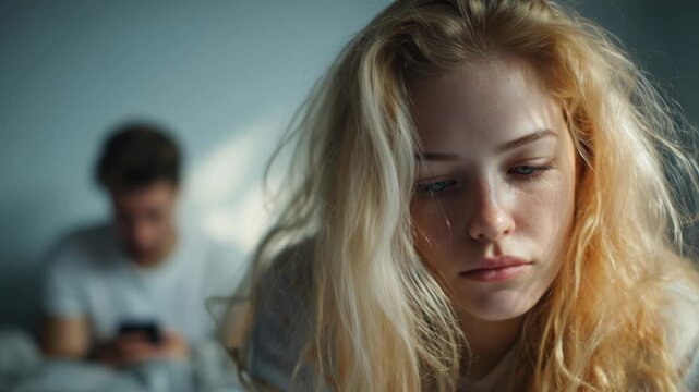 Woman sits in bed looking sad while a man uses his phone in the background during evening hours in a dimly lit room