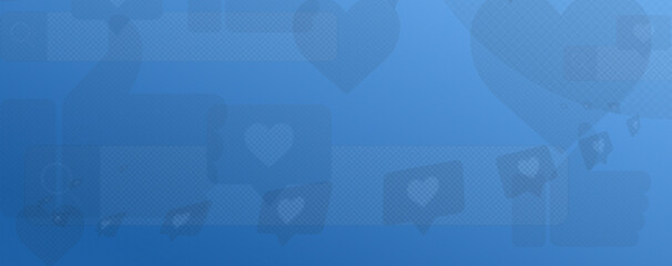 Trendy blue social media background with likes and hearts.
