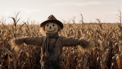 Friendly Scarecrow Standing Tall in a Golden Cornfield at Sunset.