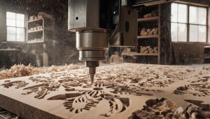 CNC machine carving intricate floral design on wooden board.