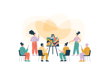 A group of people painting together in a collaborative art class with an easel and canvas