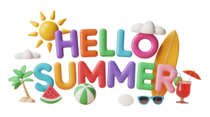 Vibrant three dimensional graphic illustration of Hello Summer text with fun beach and vacation themed objects on a dark background