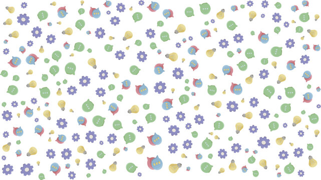 Subtle light pastel seamless pattern with idea lightbulbs, communication speech bubbles, and gears