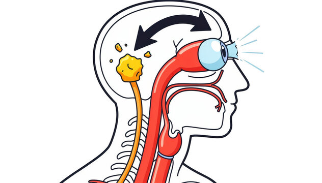 Simplified cartoon style graphic depicting the carotid artery releasing a small plaque fragment directed to the eye with bold arrows indicating embolus movement.