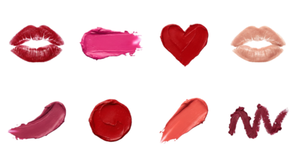Lipstick smear and kiss set including red, pink, and nude gloss textures and lip prints isolated. Beauty and cosmetic makeup collection.