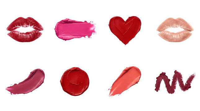 Lipstick smear and kiss set including red, pink, and nude gloss textures and lip prints isolated. Beauty and cosmetic makeup collection.