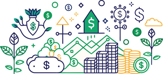 A modern line art illustration of financial growth, investment, and sustainable wealth building isolated on transparent background, Vector