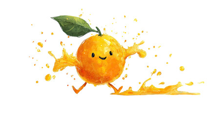 cute smiling orange fruit character splashing fresh juice with leaf playful illustration on white background