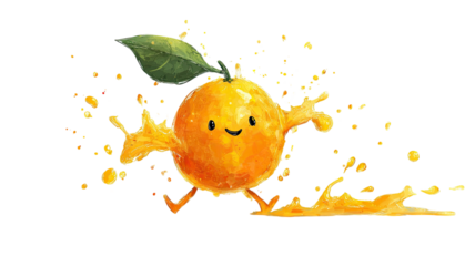 cute smiling orange fruit character splashing fresh juice with leaf playful illustration on white background