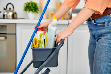 Young woman engaged in spring cleaning her modern apartment with cheerful focus