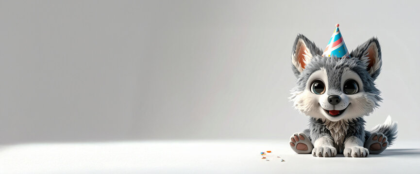 Cute baby wolf cub character sitting and wearing a party hat celebrating on bright background.