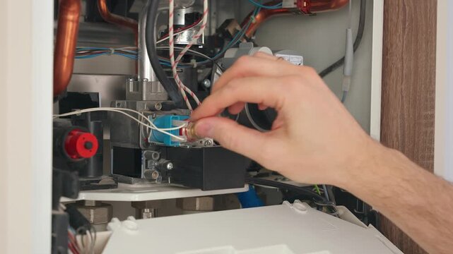 male hands boiler maintenance engineer troubleshooting malfunction during operation. job technician checks heating system wire contacts on disassembled unit. man mechanic repairman repairs appliance