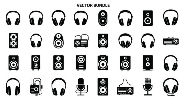 Headphones and speakers vector bundle offering audio equipment for sound listening experience and music on white background