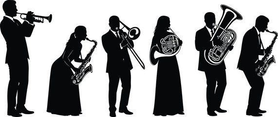 Classical brass and jazz musicians silhouette ensemble isolated on white background orchestra concert performance music illustration concept © Arman