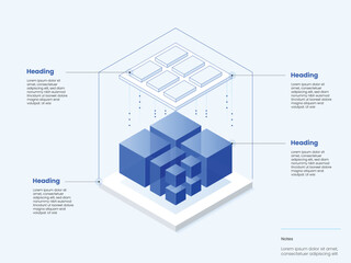 Isometric technology infographic. Modular 4 step blocks, cloud computing layers and data flow connections. Four Blockchain cybersecurity, software architecture, digital transformation. DeFi platform