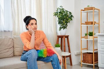 Obraz premium Young woman enjoying a moment of pause while cleaning her modern apartment