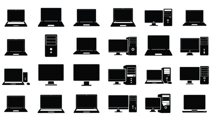 Array of desktop computers and laptops in black silhouette for business and technology needs on white background