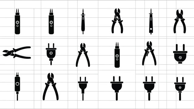 Various electrical tools and plugs arranged in rows for repair and maintenance use in a technical context on white background