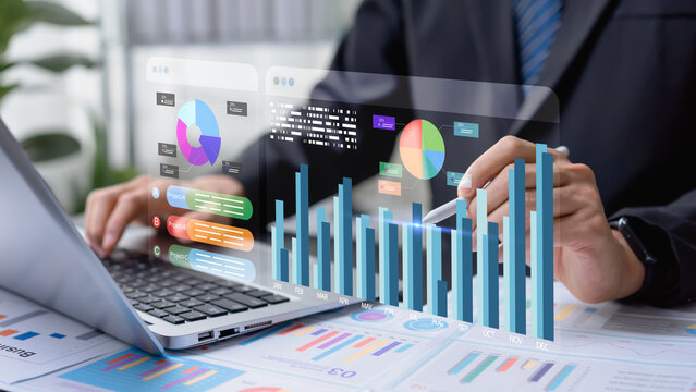 Data analysis is conducted using digital charts and financial dashboards, visualizing stock market performance metrics to express insights for marketing projects, strategy smart business.