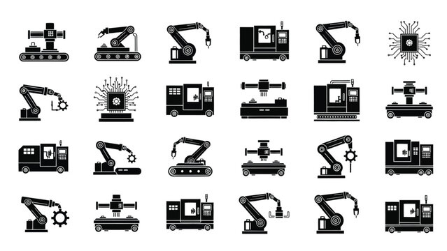 Automated manufacturing machinery icons array showcasing industrial production and technology depicting precision on white background