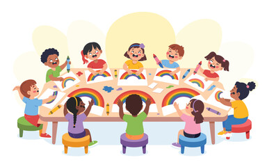 Naklejka premium A colorful illustration of children sitting around a table drawing rainbows with vibrant markers and colored pencils in a fun and creative learning environment.