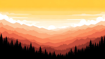 Sunset over silhouetted forest with majestic mountains in the background, warm colors, serene landscape view