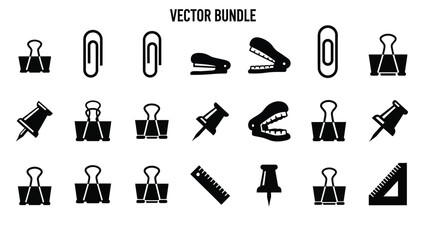 Stationery icons collection featuring binder clips paper clips push pins stapler and ruler in a vector bundle on white background