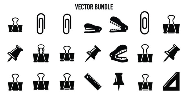 Stationery icons collection featuring binder clips paper clips push pins stapler and ruler in a vector bundle on white background