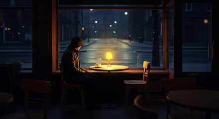 Lonely Person Sitting Alone in a Night Cafe
