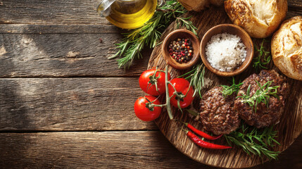 Gourmet grilled meat patties with fresh vegetables and spices on a dark wooden background. Perfect for restaurant menus, food blogs, barbecue promotions, and healthy rustic cooking concepts