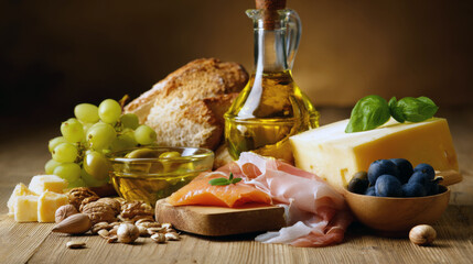 An elegant gourmet Mediterranean appetizer platter featuring thin slices of cured prosciutto ham, premium olive oil in a glass bottle, fresh green grapes, hard cheese blocks, and assorted walnuts
