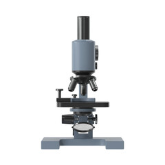Modern laboratory microscope with multiple objectives and focus knobs on a white background