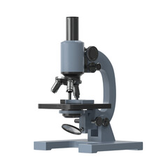 Vintage laboratory microscope with multiple lenses and adjustable focus knobs on white background