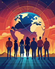Diverse group of people looking at Earth from futuristic setting