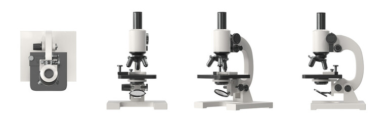 Set of four different views of a modern laboratory microscope on a white background