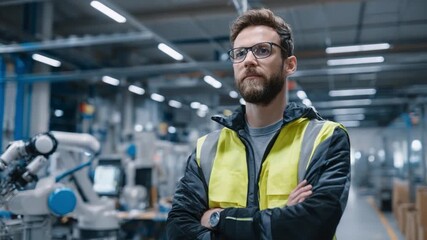 The Visionary: A confident individual stands poised, embodying expertise amidst the humming symphony of advanced machinery, within a vast industrial landscape.