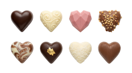 Heart shaped chocolate pralines set including dark, milk, white, ruby, and nut toppings isolated. Gourmet valentine and dessert candy collection.