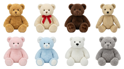 Stuffed teddy bear set including brown, cream, pink, blue, white, and grey plush animals isolated. Collection of soft toys for children and gifts.