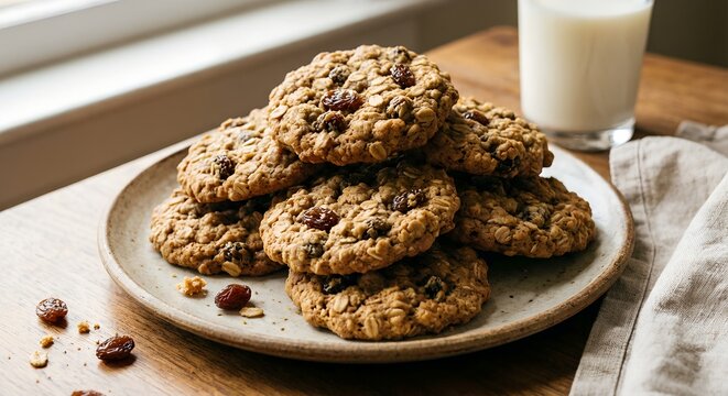 Stack of delicious oatmeal raisin cookies on a rustic ceramic plate with a glass of milk by a bright window for a cozy homemade comfort food concept - Powered by Adobe
