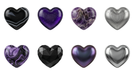 Heart gemstone set including amethyst, onyx, silver, obsidian, and pearl textures isolated. Romantic jewelry and luxury design collection.