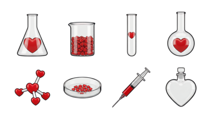 Laboratory glassware set including erlenmeyer flask, beaker, test tube, petri dish, syringe, and heart shaped bottle isolated. Science of love and chemistry concept.