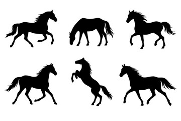 Set of black horse silhouettes in motion and grazing poses, including rearing and trotting figures. Equestrian ranch collection for western and sport themes.