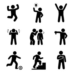 Black stick figure pictograms showing emotions and actions: celebration, idea, stress, whisper, pointing, soccer, stairs and injury. Simple people icon set for UI.