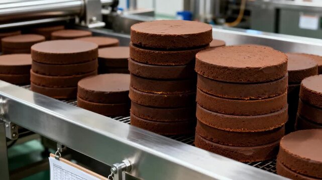 Closeup of pressed cake discs stacking neatly after cocoa butter extraction in clean controlled processing environment.