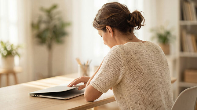Tired woman closing laptop after long workday for burnout prevention and mental health